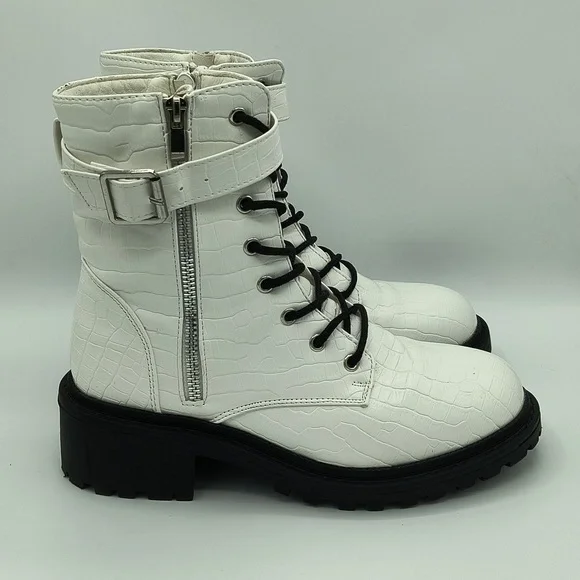 White Croc Embossed Combat Boots - Picture 2 of 7